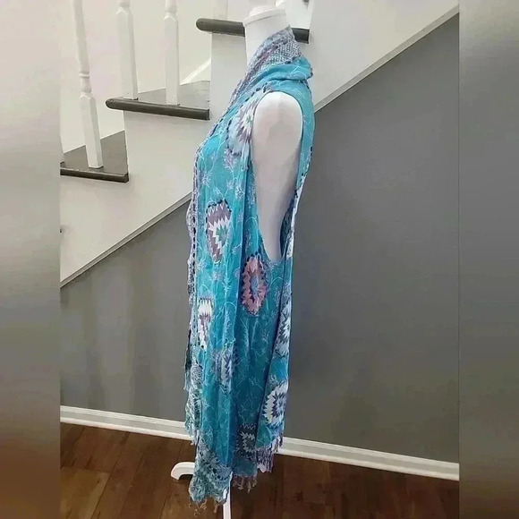 RAJ  Imports Turquoise Embroidered Vest Boho One Size Fringe India Molly Fringe - Picture 4 of 7
